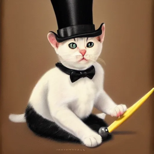 Image similar to a photorealistic, detailed, 4 k, painting of a baby cat wearing a top hat and monocle