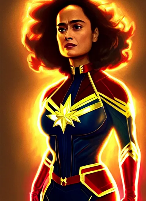 Image similar to salma hayek as captain marvel, intricate, elegant, glowing lights, highly detailed, digital painting, artstation, glamor pose, concept art, smooth, sharp focus, illustration, art by artgerm and greg rutkowski, artey freytag