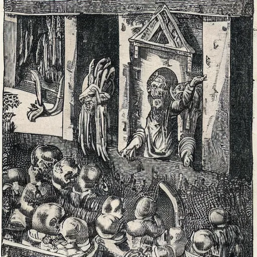 Image similar to a overhead view of a man in castle in the jungle getting praised and fanned by angels with fruits, etching, detailed, golden furniture, nuremberg chronicle,