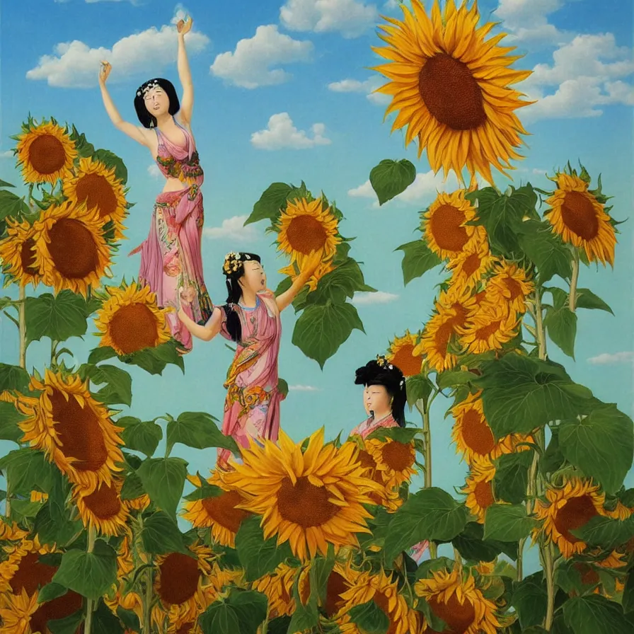 Prompt: The Chinese female deity of sunflowers dancing and singing to the world. Artwork by Raphael Hopper, and Rene Magritte. Detailed, romantic, enchanting, trending on ArtStation.