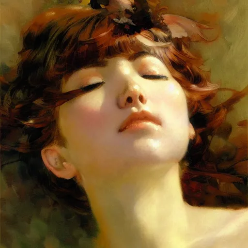 Prompt: detailed great portrait of anime girl graceful, eyes closed, painting by gaston bussiere, craig mullins, j. c. leyendecker