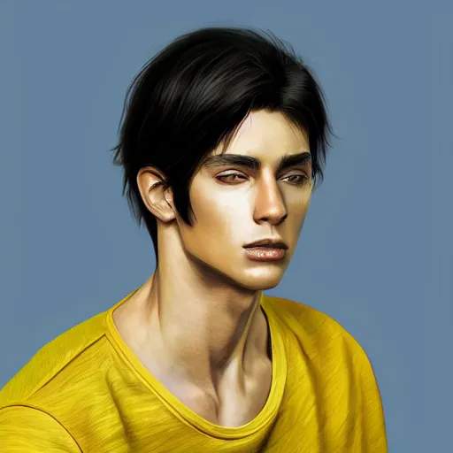 Image similar to ultra realistic illustration, a young man with black hair, in a yellow t - shirt, with blue eyes, highly detailed, digital painting, artstation, concept art, smooth, sharp focus, illustration