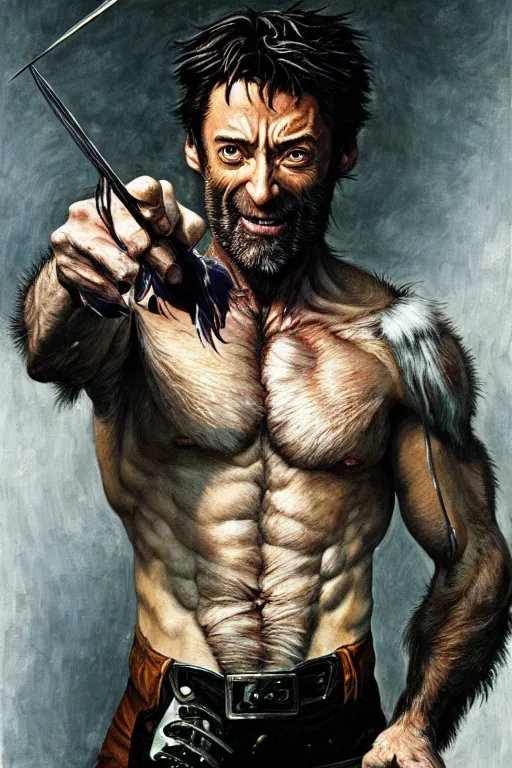 Image similar to hugh jackman as the wolfman, jean baptiste monge, alan lee, dan mumford, alex horley, cedric pavravernay, jc leyendecker, james jean, realistic painting, highly detailed