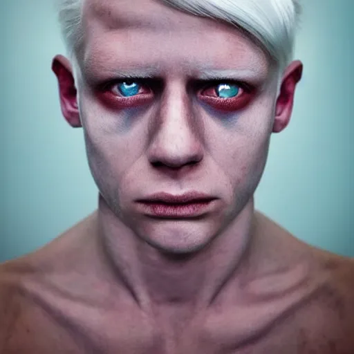 Image similar to color photo of a full platinum blond weirdo, shaved eyebrows, no eyebrow, pale skin, neurofibromatosis, realistic, high detail, high quality, trending on pinterest