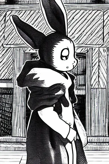 Prompt: attractive little boy wearing an bunny suit, black and white artwork in manga style, made by kentaro miura