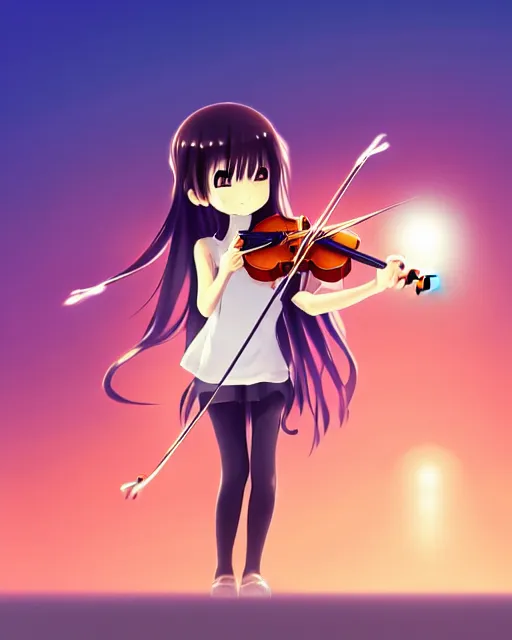 Image similar to anime style, chibi, full body, a cute girl with white skin and golden long wavy hair holding a violin and playing a song, heavenly, stunning, realistic light and shadow effects, modern art, realism, centered, landscape shot, happy, simple background, studio ghibly makoto shinkai yuji yamaguchi