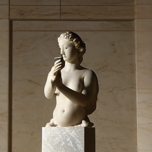 Prompt: Finely carved marble statue of a beautiful young nymph looking at her smartphone, shaft of sun through window, semi-translucent stone statue in a dimly-lit museum hall