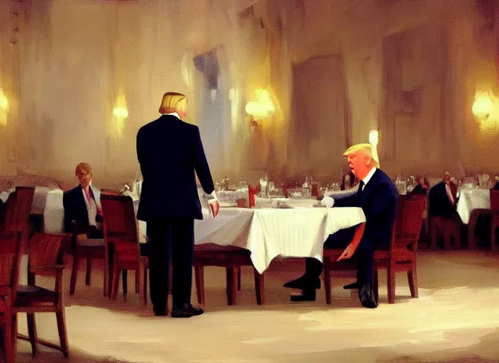 Image similar to donald trump working as a waiter, waiting on a table, matte painting, extreme detail, trending on artstation, by isaac levitan and asher brown durand,