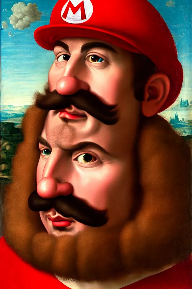 Image similar to bizarre renaissance portrait of mario as a highly detailed realistic real life person, dramatic cinematic lighting, 8 k, beautiful intricate painting