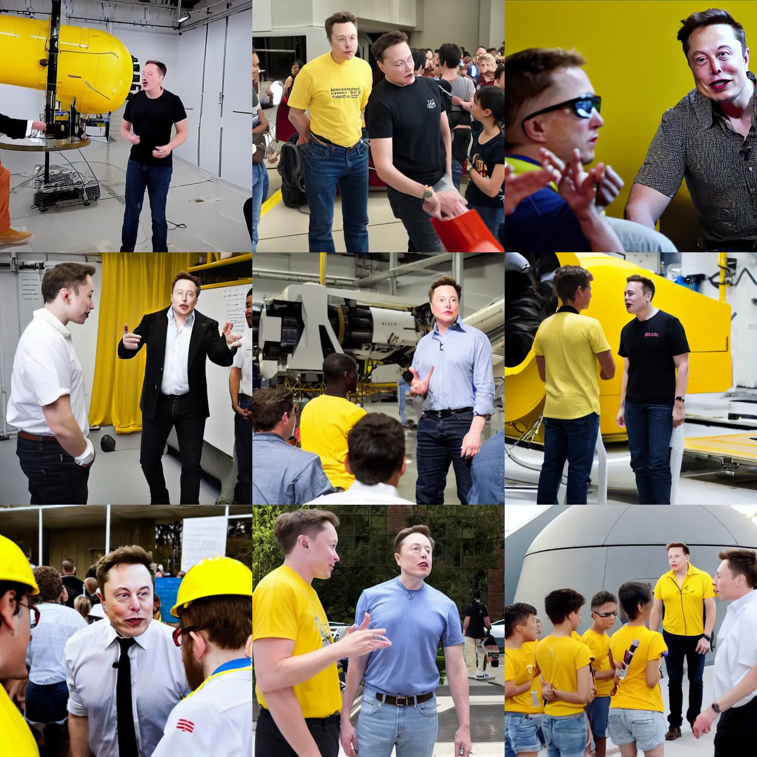 Prompt: elon musk on a rocket!, talking to student in yellow shirt