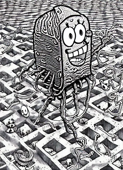 Image similar to junji ito style spongebob squarepants, intricate, highly detailed, illustration, art by junji ito, junji ito
