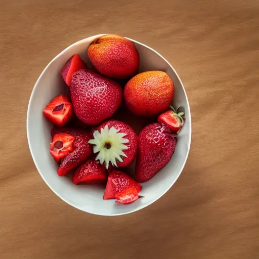 Prompt: a fruit bowl, view from above, movie still, 8 k