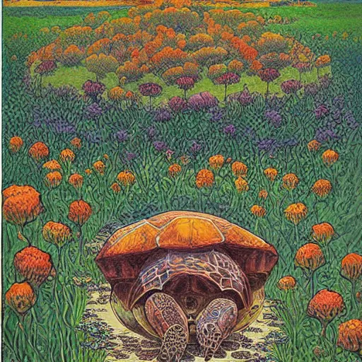 Prompt: a beautiful painting of a large walking turtle castle in a field of flowers by moebius