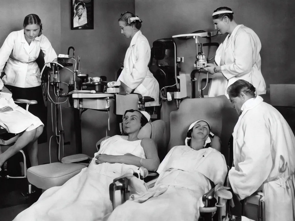 Prompt: nurse dressed in white with compassion in her eyes looking at desperate patient at dentist's chair, kodak film photo, year 1 9 3 5, highly detailed, very realistic facial expressions with humane nuances