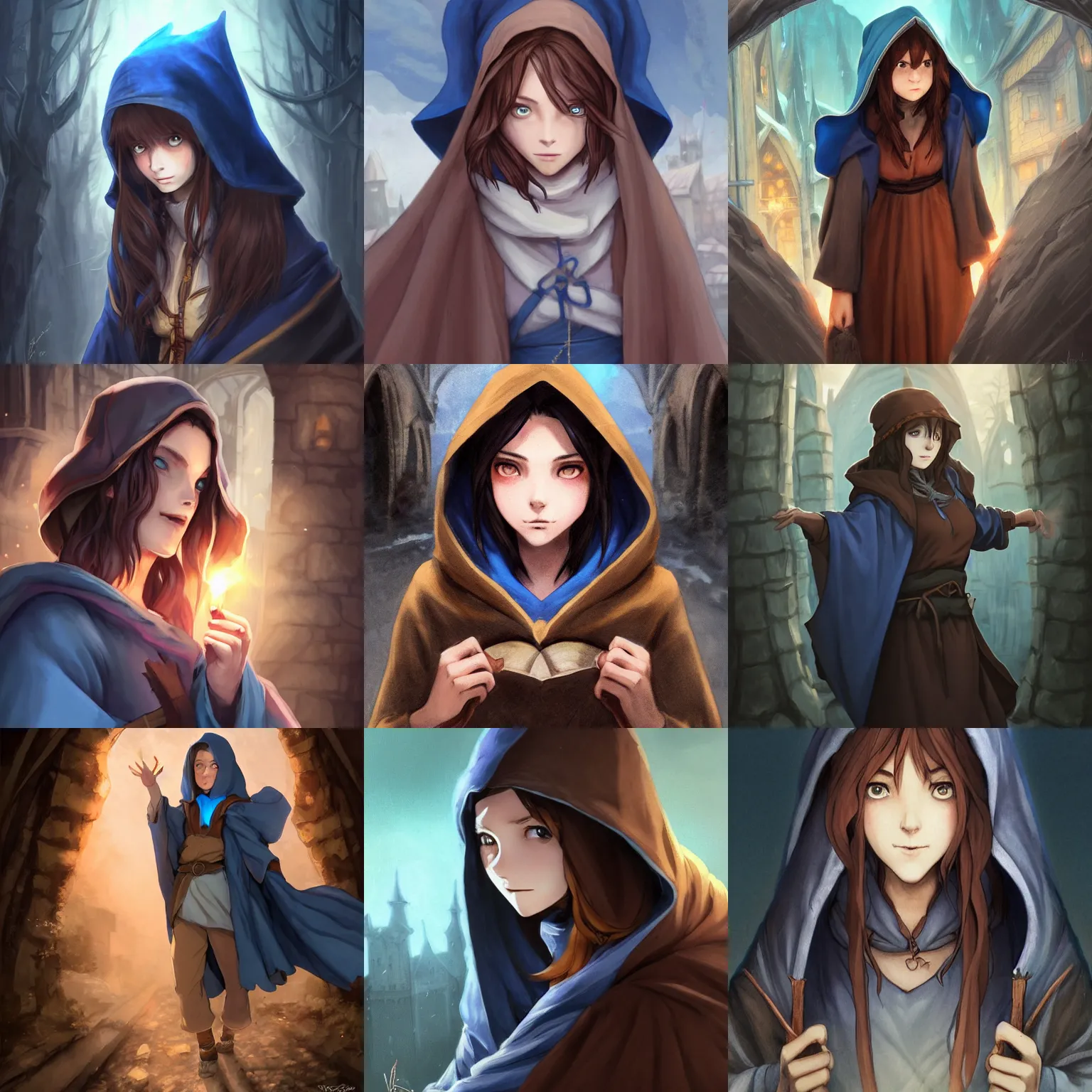 Prompt: a female wizard with brown hair wearing a blue hood and blue robe exploring a dark and sinister medieval village, half body, single subject, ambient lighting, highly detailed, digital painting, trending on pixiv fanbox, studio ghibli, extremely high quality artwork, art by ross tran and artgerm and makoto shinkai