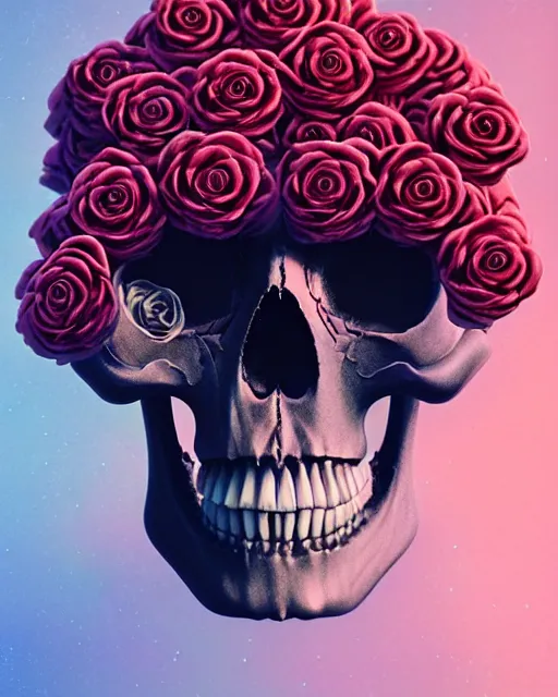 Image similar to portrait of a female skull with roses instead of eyes. roses, intricate abstract upper body intricate artwork, by zdzislaw beksinski tooth wu, wlop, beeple, dan mumford. concept art, octane render, deviantart, greg rutkowski, cinematic arthouse, key art, hyper realism, iridescent accents