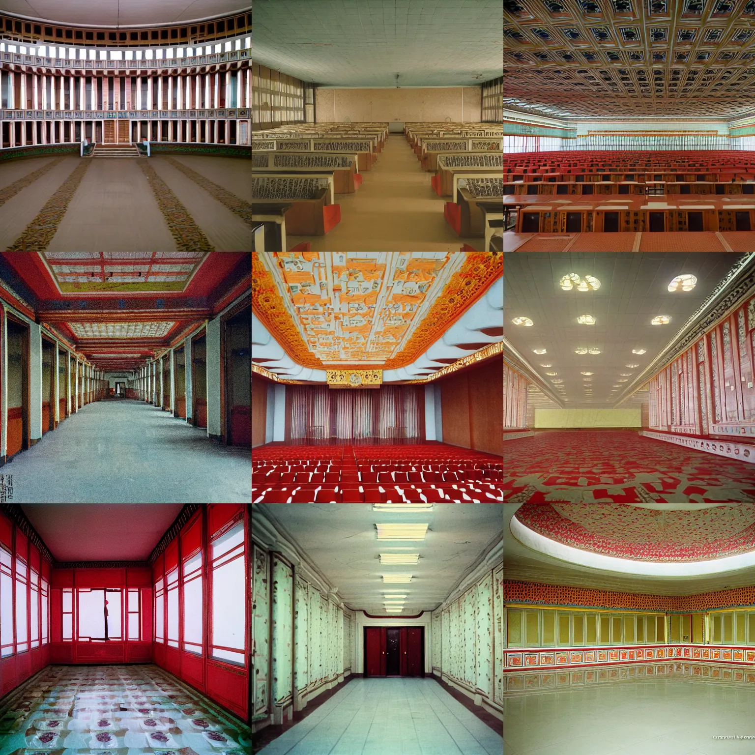 Prompt: photograph of the interior of a building in pyongyang, the style of wes anderson, kodachrome,