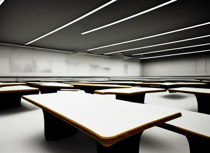 Prompt: cinematic photograph of a large white empty breakroom, retrofuturist liminal space, hundreds of old faux wood tables, crt tv mounted, trypophobia architecture, familiar place, clean, black mold, warm light, amateur, soft vintage glow, unreal engine, photorealistic, trending on artstation