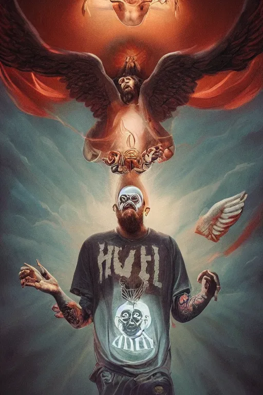 Prompt: The last portrait of Mac Miller, Heavenly, Hellish, Divinity, Hope, Ethereal, Symmetry, God and the Devil on my shoulders, Atmospheric Lighting, artstation trending, good versus evil, ladders, angelic, the divine feminine, drama masks, Pittsburg, Blue Slide Park, Most Dope, environment concept, Rendered in Octane, trending on artstation, cgsociety, moody lighting rendered by octane engine, environment 8K artstation, cinematic lighting, intricate details, 4k detail post processing, hyperealistic, octane render, photo realism