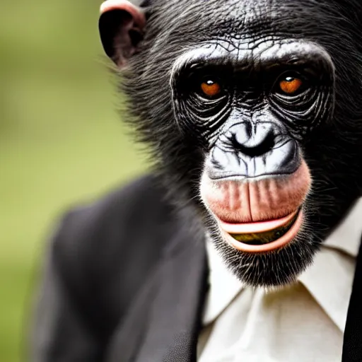 Image similar to a high detail closeup shot of a chimp wearing a suit, smoking a cigar