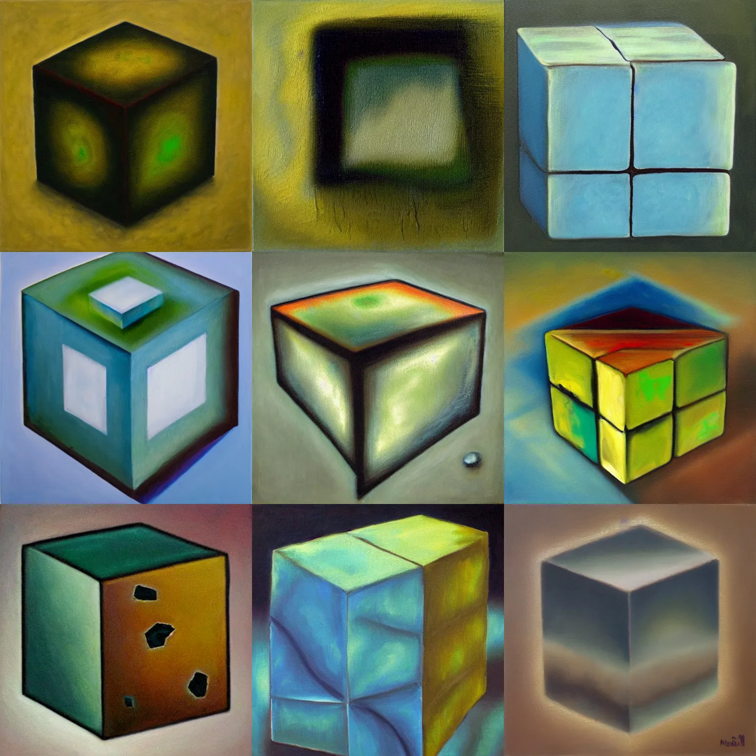 Prompt: an oil painting of a moldy cube. conceptual art, surrealism, abstract art, wikiart, moody.