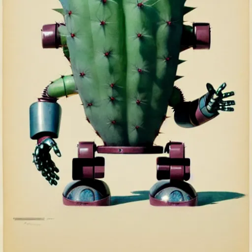 Prompt: 1950s retro cactus robot, Bionic Arms and eyes. muted colours. by Jean-Baptiste Monge, wide shot