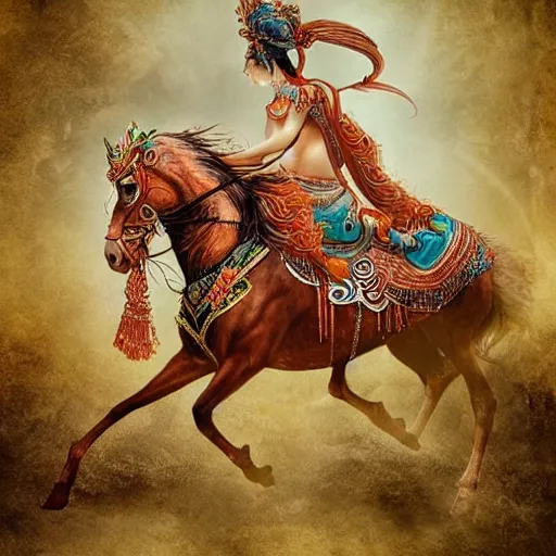 Image similar to Apsaras warrior riding a horse,traditional Chinese textures, hyper detailed, by Brook Shaden