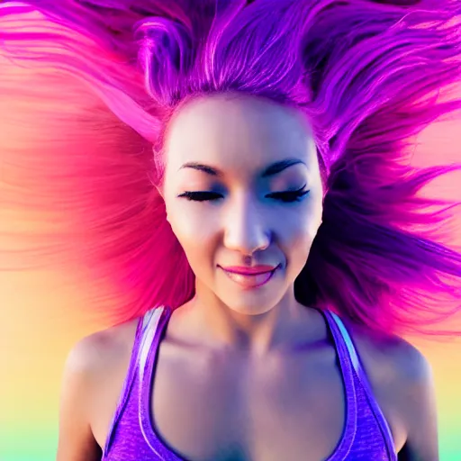 Image similar to a award winning upper body portrait of a beautiful woman in a tanktop with a ombre purple pink hairstyle with head in motion and hair flying, outrun, vaporware, vivid colors, highly detailed, fine detail, intricate