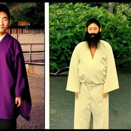 Image similar to secret full color photos form the year 1 9 9 9 of a cult in japan. everyone must not wear pants, they must wear shirts, all their hair is shaved off the side but very long on top. small beards are ok. you must carry a large vegetable in each hand at all times.