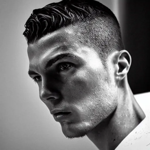 Image similar to “a realistic detailed photo of a guy who is an attractive humanoid who is half robot and half humanoid, who is a male android, Cristiano Ronaldo, shiny skin, posing like a statue, blank stare”