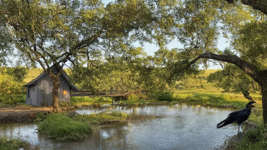 Image similar to small grey wooden cottage by the river, a tree with vines wrapped around it, two crows singing on the tree, tranquility, arch bridge over the river, the bridge path to remote, chill wind, an old man riding a skinny horse on the road, sunset