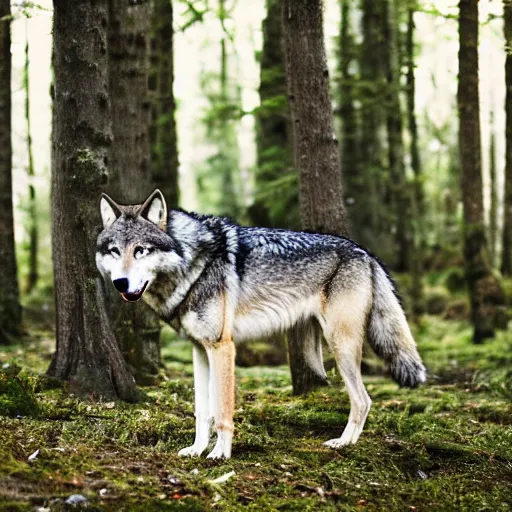 Prompt: A wolf roaming in the forest, EOS-1D, f/1.4, ISO 200, 1/160s, 8K, RAW, unedited, symmetrical balance, in-frame