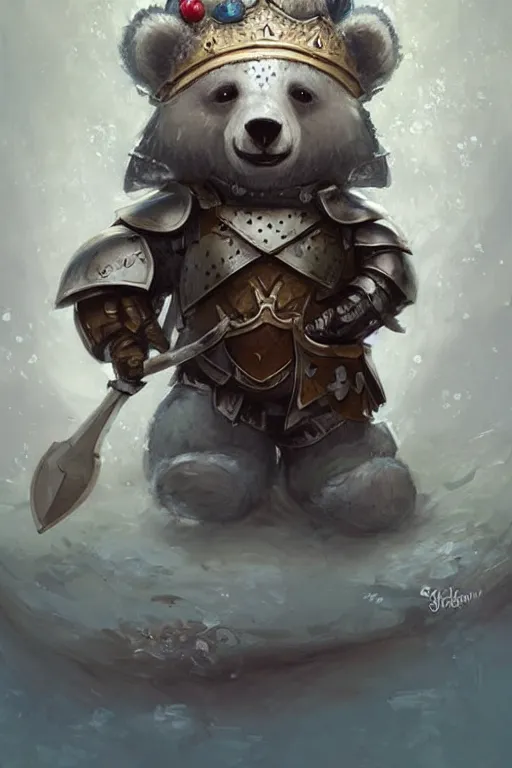 Image similar to cute little anthropomorphic bear knight wearing a cape and a crown, tiny, small, miniature bear, baby animal, short, pale blue armor, cute and adorable, pretty, beautiful, DnD character art portrait, matte fantasy painting, DeviantArt Artstation, by Jason Felix by Steve Argyle by Tyler Jacobson by Peter Mohrbacher, cinematic lighting