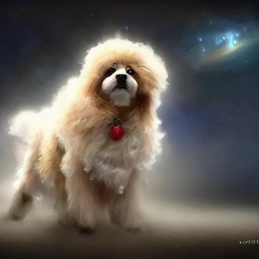 Prompt: fluffy dog, full body, alexander hamilton style, wearing a beautiful costume on stage, a dark nebula background, concept art, highly detailed, digital art, trending on art station, mark brooks, 3 - d 4 k