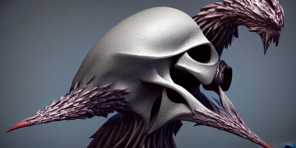 Image similar to a skull bird creature scifi alien by neville page, ken barthelmey, carlos huante and doug chiang, sharp focus, trending on artstation, hyper realism, octane render, 8 k, hyper detailed, ultra detailed, highly detailed, zbrush, concept art, creature design