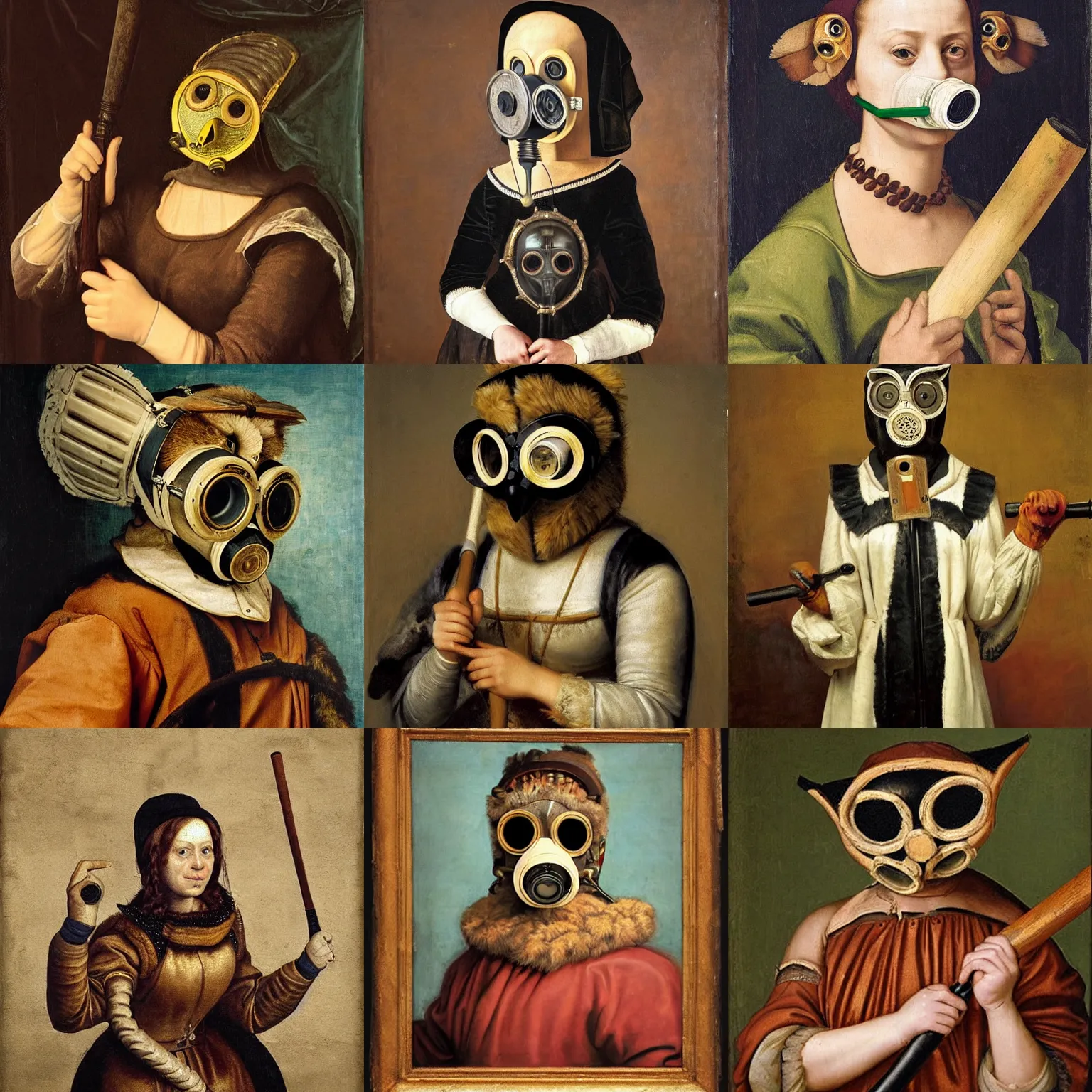 Prompt: an hd renaissance portrait painting of a woman in an owl costume mask retrofitted with a gas mask. she is wearing a jacket, and is brandishing a baseball bat in a threatening manner.