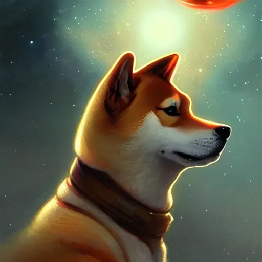 Image similar to Portrait of shiba inu in space, D&D, red eyes, face, dark fantasy, intricate, elegant, highly detailed, digital painting, artstation, concept art, smooth, sharp focus, illustration, art by artgerm and greg rutkowski and alphonse mucha