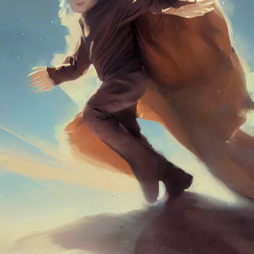 Image similar to blonde boy wearing a brown cape and flying in t pose, closeup, powerful, space background, oil painting, brush strokes, greg rutkowski