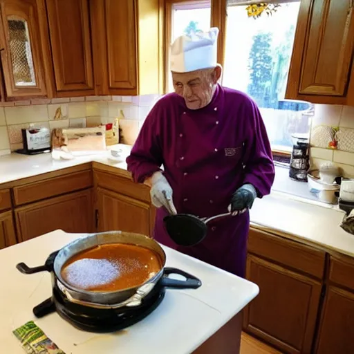 Prompt: old guy cooking pancakes