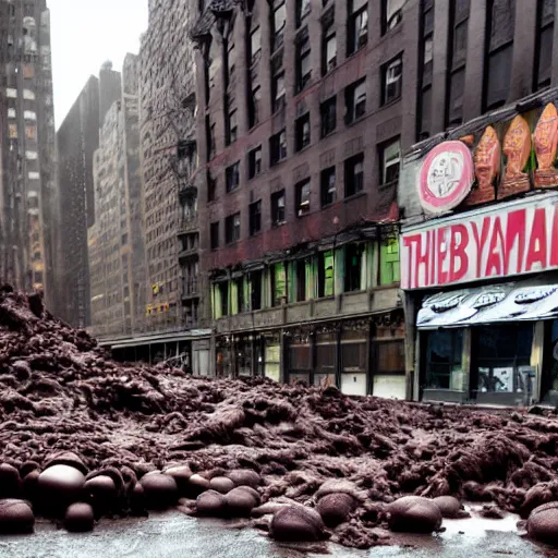 Image similar to tsunami of liquid chocolate on new york, post apocalyptic, cinematic, end of the world