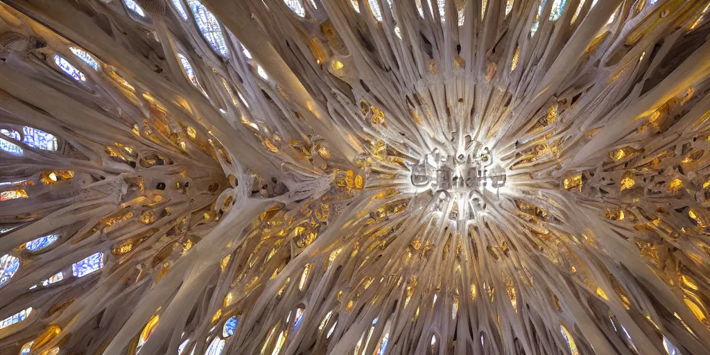 Image similar to sculpted Sagrada Familia ceiling by Antoni Gaudi, symmetrical, volumetric light