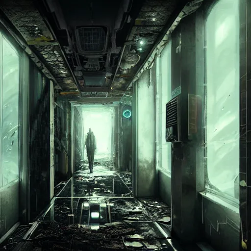 Image similar to abandoned and desecrated hallway in a cyberpunk spaceship, ultra realistic, concept art, intricate details, eerie, highly detailed, photorealistic, octane render, 8k, unreal engine, art by Vita Wen