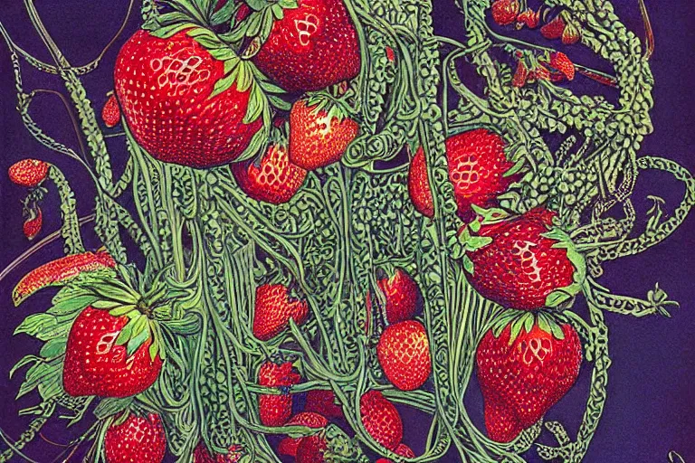 Prompt: strawberry fields forever. painting by ernst haeckel