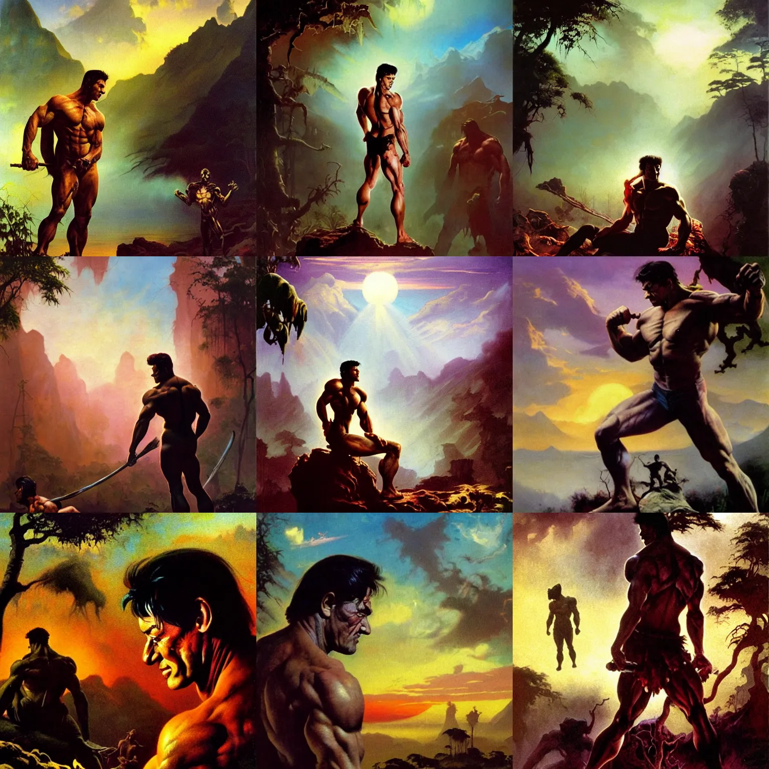 Prompt: frazetta portrait of bruised skinny sylvester stallone fairy and backlit head , in background dark foggy backlit jungle filled with corpses , with lake, backlit graveyards and muscular oversized skeleton silhouette backlit, cyan atmosphere , very detailed oil painting by frazetta with visible brushmarks, dramatic clouds , sunset red panorama