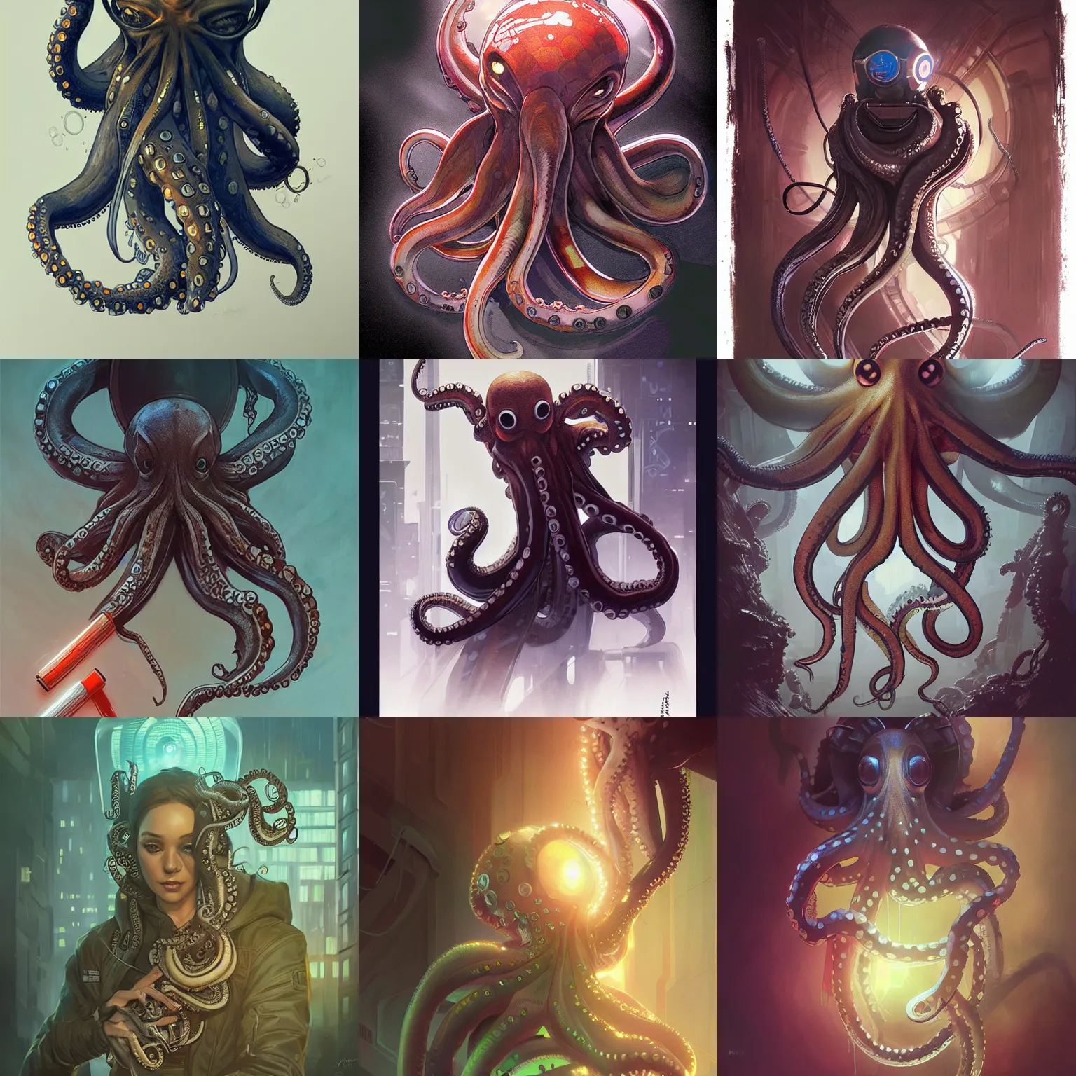 Prompt: octopus holding a marker, cyberpunk, sci-fi, highly detailed, digital painting, artstation, smooth, sharp focus, art by artgerm and greg rutkowski and alphonse mucha