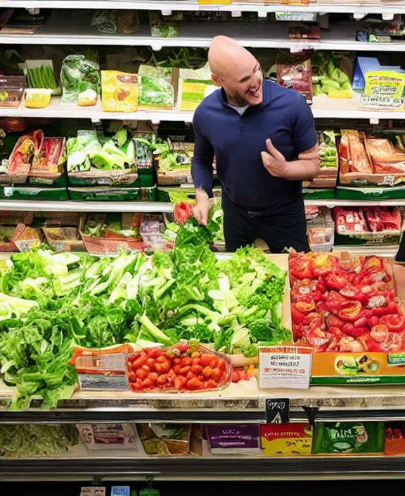 Prompt: a bald man gestures to a display of'suddenly salad'boxes at the end cap inside a supermarket