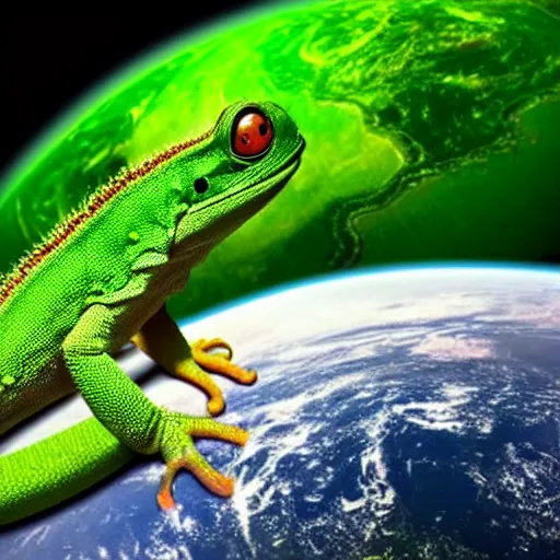 Image similar to an enormous green gecko hugging planet earth, space background