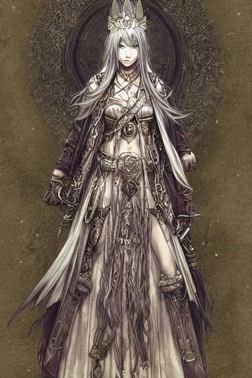 Image similar to A full body portrait of a female priestess with long silver hair by Akihiko Yoshida, fantasy, very detailed, tone mapping