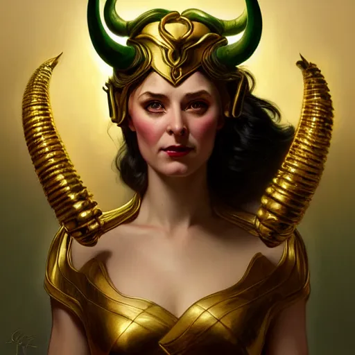 Image similar to of a female Loki with golden horned helmet, dark fantasy, medium shot, intricate, ornate, elegant, highly detailed, digital painting, volumetric light, artstation, concept art, smooth, sharp focus, illustration, art by Gil Elvgren and Greg Rutkowski and Alphonse Mucha