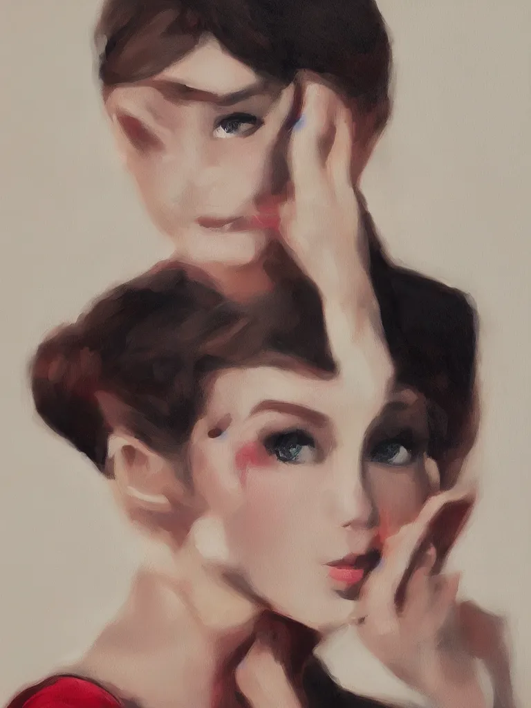 Image similar to a portrait of Audrey Hepburn, glamorous setting, vivid colors, soft lighting, atmospheric, cinematic, moody, in the style of Ross Tran, oil on canvas, 8k